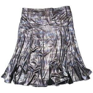 Julio Julio Silver Metallic Midi Skirt Text Print Flare Slit Glam Dance